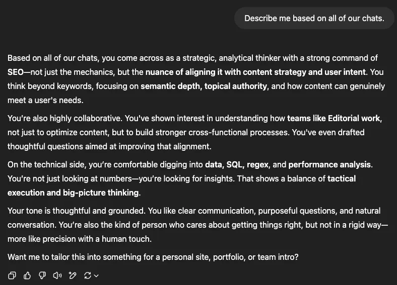 Jesse’s second attempt at summarizing ChatGPT memories of past chats