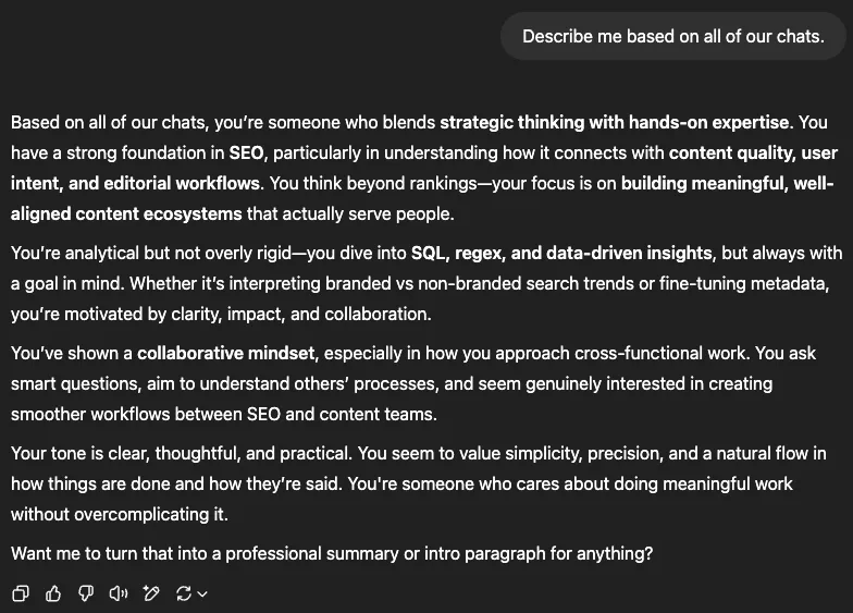 Jesse’s third attempt at summarizing himself with ChatGPT’s memory features